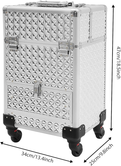Rolling Makeup Train Case,Multi-functional Cosmetic Trolley with 360° Swivel Wheels Keys,Salon Barber Case Traveling Cart for Nail Technicians Hairstylist (Sliver)