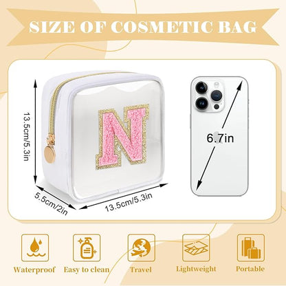 Personalized Initial Letter Clear Preppy Makeup Bag,Mini Nylon Chenille Letter Cosmetic Bag Cute Zipper Pouch Purse for Teen Girls,Portable TSA Approved Beach Travel Essentials Bag Gift for Women,N