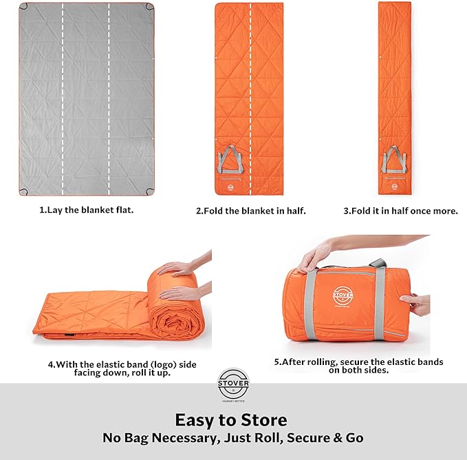 STOVER Large Waterproof Outdoor Stadium Blanket– Extra Thick Soft Fleece Camping Blanket for Travel, Picnics, Sports, Dogs– 79"x55" Warm, Windproof, Sand-proof, Lightweight, Packable (Game Day Orange)
