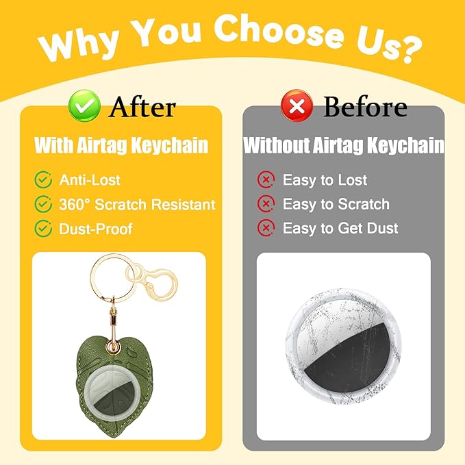 Leather Keychain for Airtag, Cute Protective Keychain Holder Compatible with Apple Air Tag,GPS Item Tracker Case Cover for Keys,Bags,Pets,Luggage(Leaf)