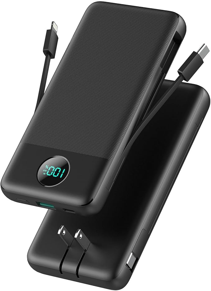 Portable Charger USB C Power Bank with 2 Built in Cables & AC Wall Plug,13800mAh Portable Battery Pack Fast Charging Compact LED Display Universal Compatible with iPhone 17/16,Galaxy S23,Tablets etc