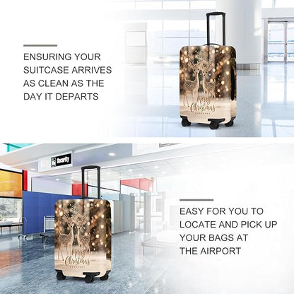 Deer Christmas Luggage Cover - Two Reindeer in Snow with Glowing Tree, Warm Winter Scene Suitcase Protector for 28 30 Inch Bag
