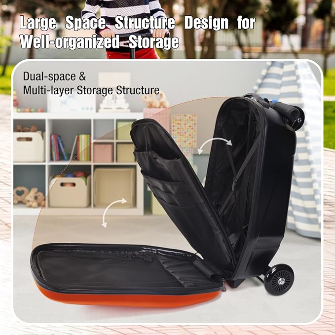 20" Scooter Suitcase for Kids, 2-in-1 Ride On Luggage with Wheels for Boys & Girls Ages 4-15, Foldable Hardshell Carry On Lightweight Travel Suitcase for Airplane (No LED, Orange)