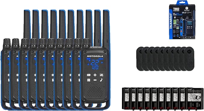 Motorola Solutions, Talkabout T802, Portable FRS Two Way Radio 10 Pack Walkie Talkies Blue/Black 22 Channels Bluetooth Capable Rechargeable Location Sharing 10 Radios