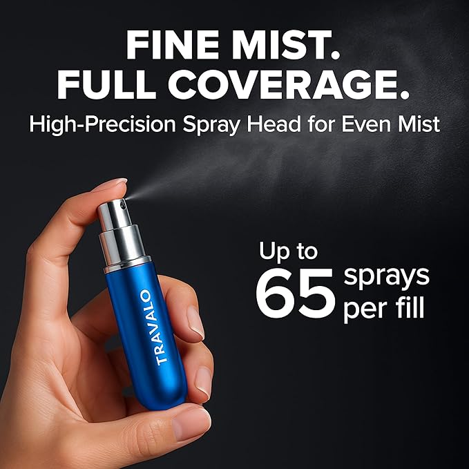 Travalo Classic HD Perfume Atomizer - Leak-Proof and TSA Approved for Air Travel - Reusable, Airtight, Easy-Fill Mini Pump Sprayer - Lightweight, Elegant Design w/Volume Window - Blue - 0.17oz