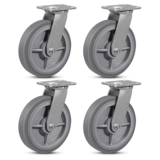 8"x2" Rubber Wheels (Flat Tread)- Heavy Duty Casters, Industrial Caster Wheels- Set of 4 with up to 4800 LB Capacity- Use for Dollies, Workbench(4 Swivel)
