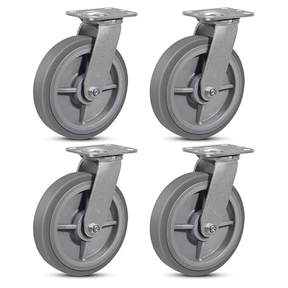 8"x2" Rubber Wheels (Flat Tread)- Heavy Duty Casters, Industrial Caster Wheels- Set of 4 with up to 4800 LB Capacity- Use for Dollies, Workbench(4 Swivel)