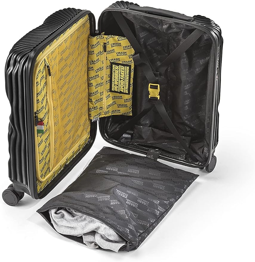 CRASH BAGGAGE Icon Stripe - 22 Inch Rolling Carry On Suitcase with 4 Spinner Wheels, Hardside Polycarbonate Travel Luggage, Lightweight, Interior Pockets, Airline Approved Lock, 36L - Black