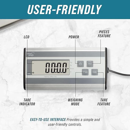 Smart Weigh Digital Postal Shipping Scale, Heavy Duty, 440 lb Capacity, 6 oz Readability, Hold & Tare Function, Stainless Steel Platform