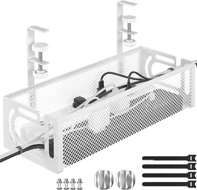 Under Desk Cable Management Tray, 15.7'' No Drill Steel Desk Cable Organizers, Wire Management Tray Cable Management Rack (1 Pack-White)