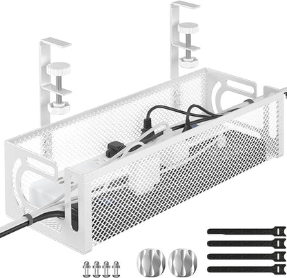 Under Desk Cable Management Tray, 15.7'' No Drill Steel Desk Cable Organizers, Wire Management Tray Cable Management Rack (1 Pack-White)