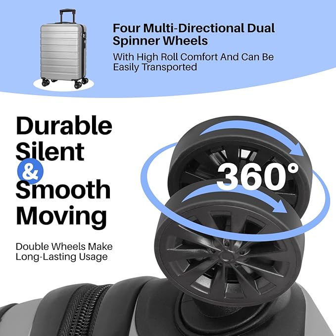 AnyZip Suitcase Hardside PC ABS Lightweight USB Luggage with Wheels TSA Lock Checked-Large Luggage 28 Inch Silver