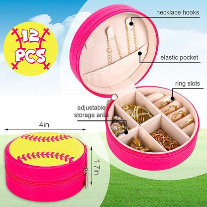 12Pcs Softball Mini Travel Jewelry Case Yellow Hot Pink Round Softball Jewelry Organizer Sport Portable Storage Box for Rings Earrings Necklaces