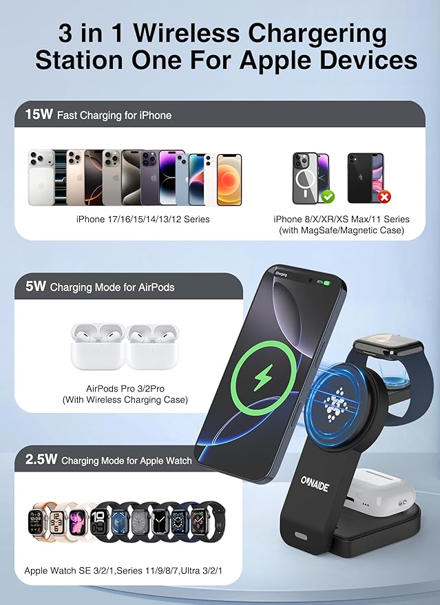 Wireless Charger for Apple MagSafe, Foldable 3 in 1 Wireless Charging Station Magnetic Charger Stand for iPhone 17/16/15/14/13/12 Series/Apple Watch10-2/Airpods (Black)