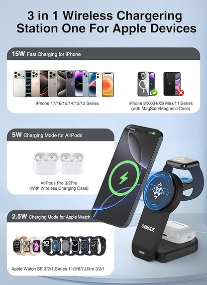 Wireless Charger for Apple MagSafe, Foldable 3 in 1 Wireless Charging Station Magnetic Charger Stand for iPhone 17/16/15/14/13/12 Series/Apple Watch10-2/Airpods (Black)