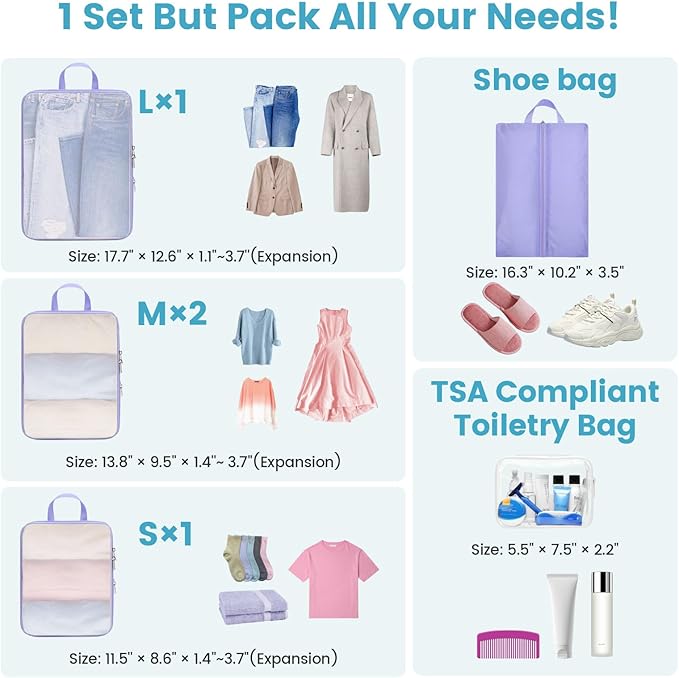 Cambond Mesh Compression Packing Cubes - 6 Set See Through Clear Packing Cubes with Shoe Toiletry Bag for Suitcase, Expandable Travel Cubes for Packing Organizers Travel Accessories, Purple