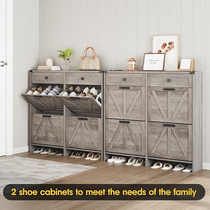 Shoe Cabinet with 4 Flip Drawers & 2 Drawers,Farmhouse Shoe Storage Cabinet for Entryway,Slim Freestanding Organizer Rack for Front Door Entrance,Grey