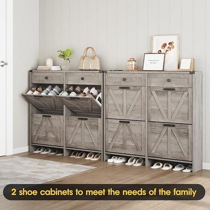 Shoe Cabinet with 4 Flip Drawers & 2 Drawers,Farmhouse Shoe Storage Cabinet for Entryway,Slim Freestanding Organizer Rack for Front Door Entrance,Grey