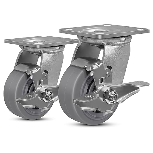 4 Inch Rubber Wheels (Flat Tread)- Heavy Duty Casters, Industrial Caster Wheels- with up to 700 LB Capacity- Use for Dollies, Utility and Maintenance Carts(2 Brake)
