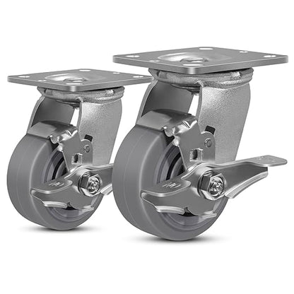 4 Inch Rubber Wheels (Flat Tread)- Heavy Duty Casters, Industrial Caster Wheels- with up to 700 LB Capacity- Use for Dollies, Utility and Maintenance Carts(2 Brake)
