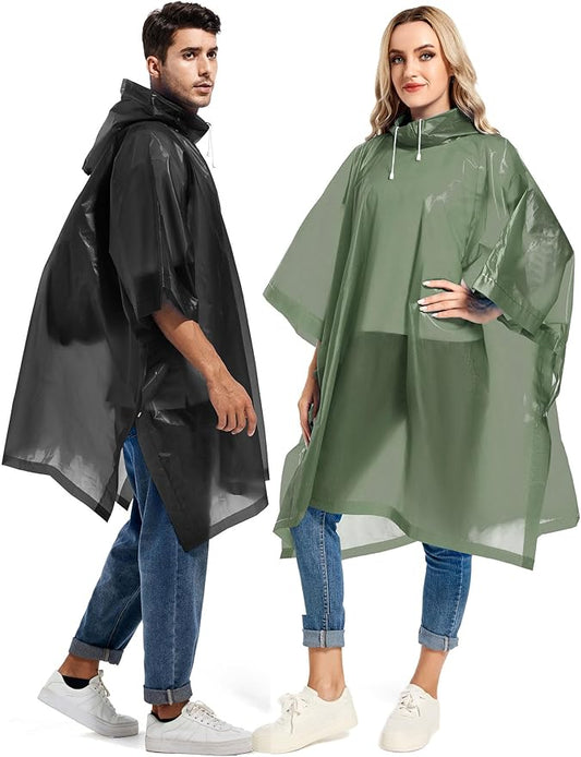 2 Pack Rain Ponchos for Adults Reusable - Raincoats Survival Emergency Heavy Duty Rain Coat with Drawstring Hood