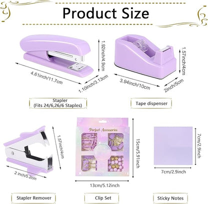 Office Supplies Set,Desk Accessories,Stapler and Tape Dispenser Set,1000 Staples,Staple Remover,Hinder Clips,Ruler,Scissor,Clear Tape,Ballpoint Pen,Sticky Notes,Gifts for Colleagues(Purple)