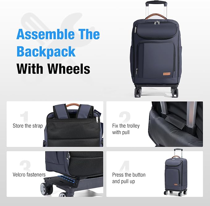 Lekebobor Travel Rolling Backpack, 18 inch Waterproof Bag with 360° Wheels for 15.6" Laptop, Convertible Airline Approved Travel Back Pack for Men & Women, Business, Commuter