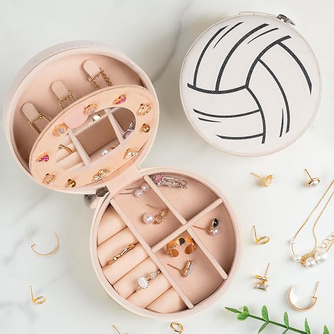 12-Pack Volleyball Mini Travel Jewelry Case With Mirror Round Volleyball Stuff Portable Jewelry Organizer Storage Case for Christmas Sports Team Club Lovers Birthday Goodie Favors Gifts (Mirror)