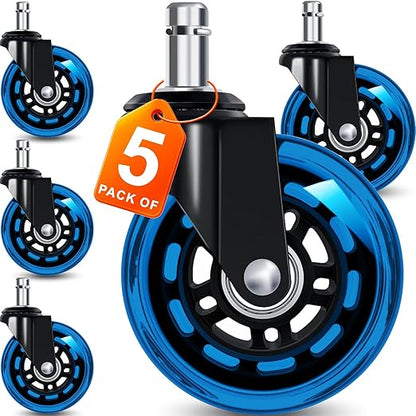 Office Chair Wheels for Casters Replacement - 3" Rubber Wheels for Computer Gaming Desk Caster Smooth & Safe Rolling for All Floors Including Hardwood and Carpet - Set of 5 - Blue