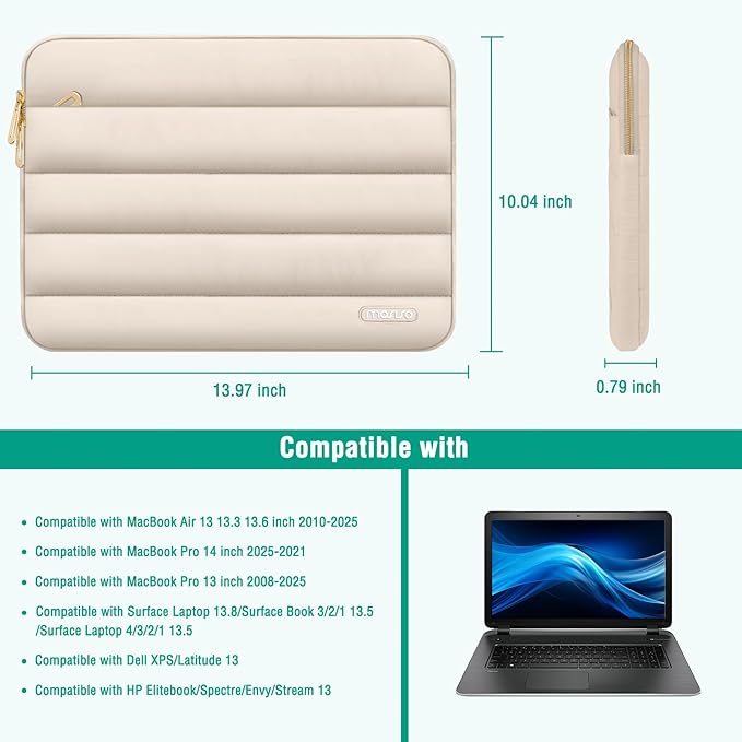 MOSISO 13.3 inch Laptop Case, 13-13.3 inch Puffy Laptop Sleeve Compatible with MacBook Air 13 13.6 M4 M3 M2 M1/Pro 13/Pro 14, HP Dell ASUS Lenovo,Polyester Horizontal Bag with Small Case, Sand