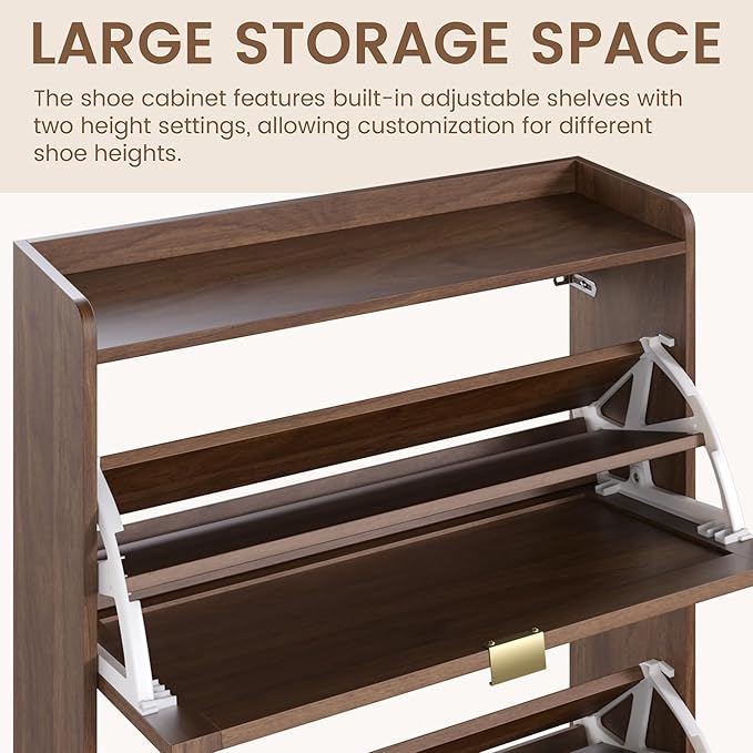 EROMMY Shoe Storage Cabinet, Farmhouse Ratten Shoe Cabinet, Modern Freestanding Organizer with 2 Flip Drawers, Hallway, Narrow Shoe Rack Cabinet for Entryway, Slim Shoe Cabinet, Walnut