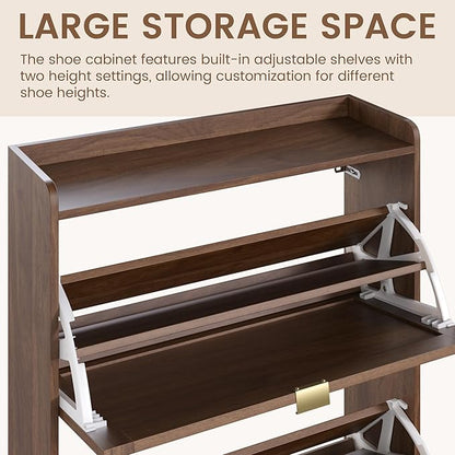 EROMMY Shoe Storage Cabinet, Farmhouse Ratten Shoe Cabinet, Modern Freestanding Organizer with 2 Flip Drawers, Hallway, Narrow Shoe Rack Cabinet for Entryway, Slim Shoe Cabinet, Walnut