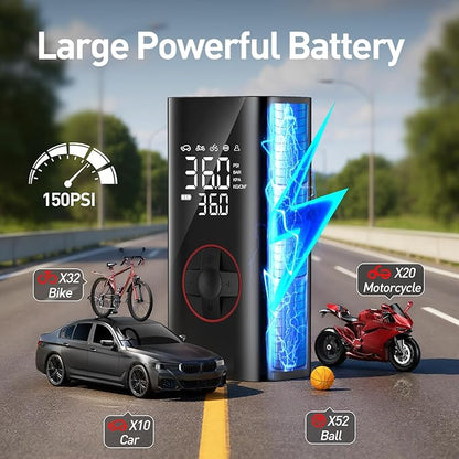 Tire Inflator Portable Air Compressor - 150PSI Cordless Air Pump for Car Tires, Portable Tire Inflator for Cars with Pressure Gauge, Tire Pump for Bike, Motorcycle, Auto Shut-off