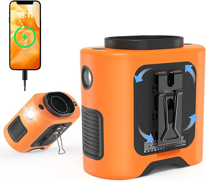 10000mAh Portable Waist Clip Fan, 40H Cooling Personal Wearable Fan, 5 Speeds 16000RPM Strong Belt Fan, Rechargeable Hands-free Neck Fan With Flashlight for Outdoor Jobsite Camping Traveling (Orange)