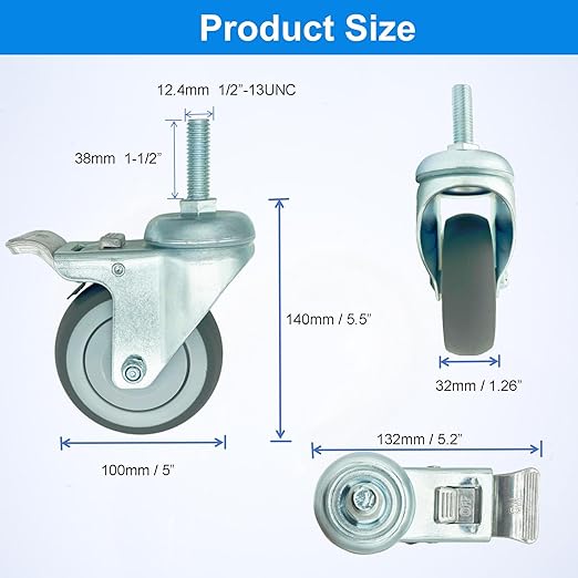 4 inch Swivel Caster Wheels Heavy Duty, 1/2" x13-1-1/2 Threaded Stem Casters Set of 4, TPR Rubber Wheels for Hospital, Lab, Furnitures,Restaurant
