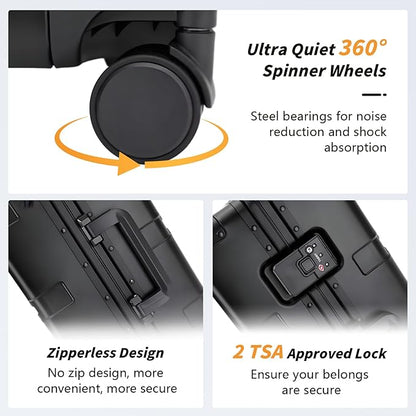 Simcat All Aluminum Carry On Luggage, 20 Inch Hard Shell Zipperless Luggages，Airline Approved Suitcase with TSA Lock and Silent Wheels (Black,20inch/56.5x21.5x39.5cm)