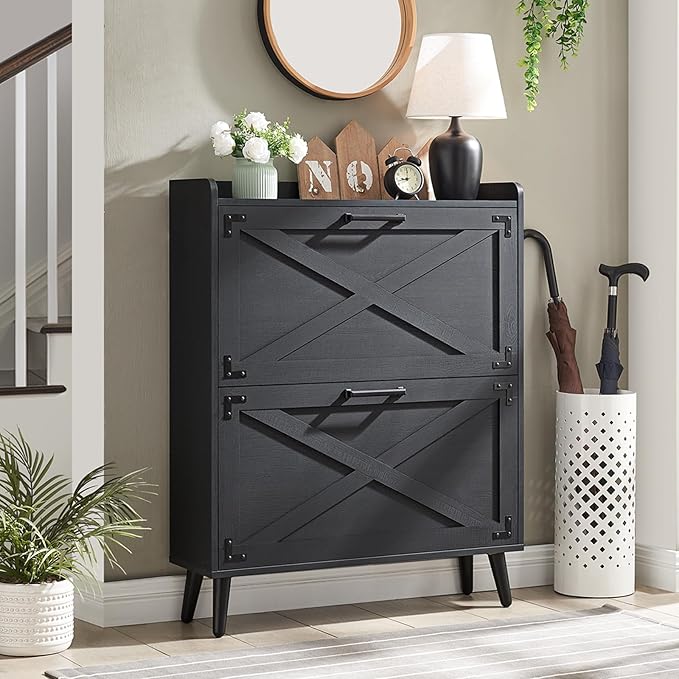 Shoe Storage Cabinet, Farmhouse Shoe Organizer with 2 Flip Drawers & Barn Door Design, Freestanding Hidden Slim Narrow Shoe Rack Cabinet for Entryway, Foyer, Hallway, Black