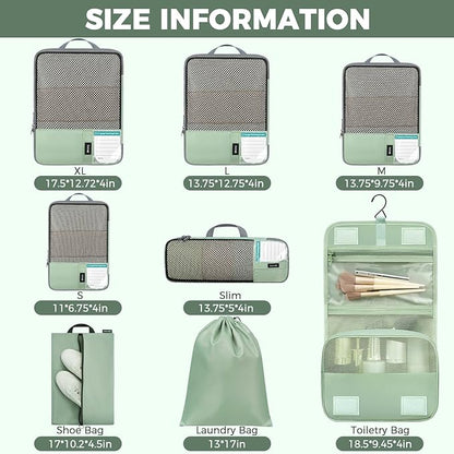BAGAIL 4 Set/6 Set/8 Set Compression Packing Cubes Travel Accessories Expandable Packing Organizers(HalfMesh, 8-MatchaGreen)