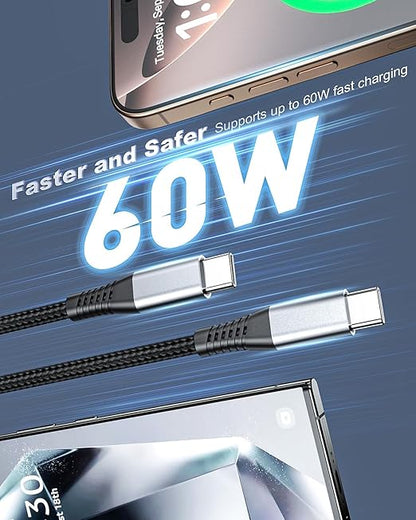 USB C to USB C Cable, 2Pack 3ft Coiled USB C Cable for Car, 60W Fast Charging, Retractable Nylon Braided USB-C Car Charger Cord for iPhone 17/16/15/Plus/Pro/Pro Max