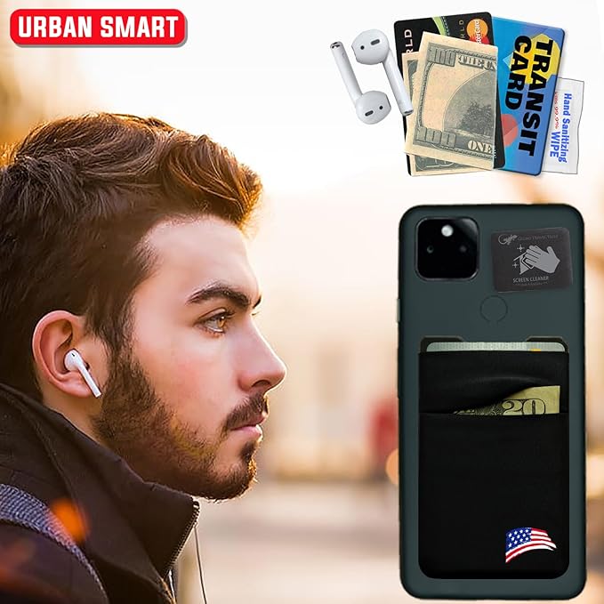 Gecko Travel Tech Double Pocket - Adhesive Card Holder - Cell Phone Pouch - Stick on Spandex Pocket - Carry Credit Cards and Cash (USA BRUSH)