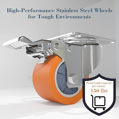 2 Inch Stainless Steel Caster Wheels with Brake,304 Rust-Proof Casters,360° Swivel,Anti-Corrosion Industrial Stainless Steel Castors for Kitchen,Labs,Restaurant,Furniture,Outdoor,Set of 4