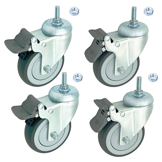 4 inch Swivel Caster Wheels Heavy Duty with Nylon Brake, 3/8"-16x1 Threaded Stem Casters Set of 4, TPR Rubber Wheels for Hospital, Lab, Furnitures,Restaurant