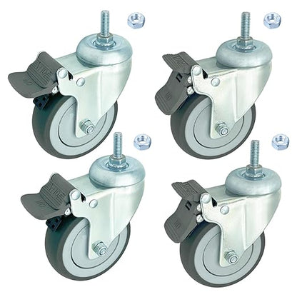 4 inch Swivel Caster Wheels Heavy Duty with Nylon Brake, 3/8"-16x1 Threaded Stem Casters Set of 4, TPR Rubber Wheels for Hospital, Lab, Furnitures,Restaurant