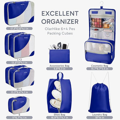 ALL INCLUDED 10 Set Durable Packing Cubes for Suitcases,OlarHike Essentials for Travel, UPGRADED Anti-Tear Stitching, NEW Improved Luggage Packing Organizers for Travel Accessories (Klein Blue)