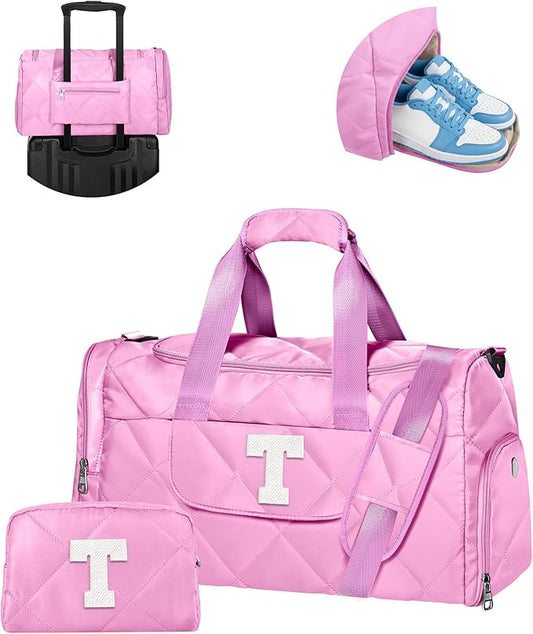 Stocking Stuffers for Women Teen Girls, Initial Duffle Bag with Toiletry Bag, Trendy Gym Bag with Shoe Compartment & Wet Separation, Personalized Gifts for Her, Girls Trip Gift Favors