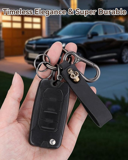Teskyer Genuine Leather Keychain with Carabiner Clip and Key Ring, Vintage Key Chain Holder for Home/Car Keys