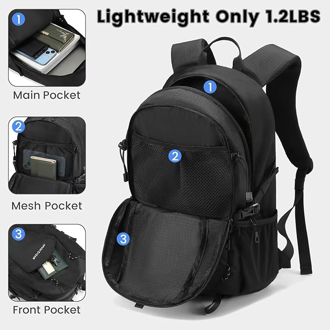 20L Lightweight Hiking Daypack, Small Hiking Travel Backpack for Women men (Black)