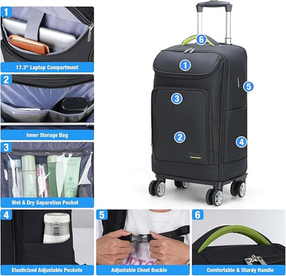 Lekebobor Travel Rolling Backpack, 18 inch Waterproof Bag with 360° Wheels for 15.6" Laptop, Convertible Airline Approved Travel Back Pack for Men & Women, Business, Commuter