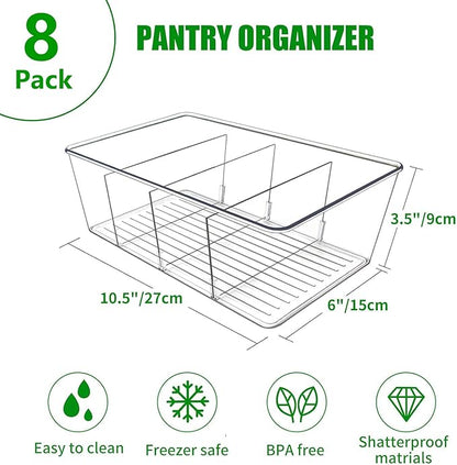 8 Pack Pantry Organizers,Clear Plastic Organizer Bins for Kitchen,Fridge,Drawer Organization and Storage,4 compartment Snack Containers for Spice Packets,Tea bag