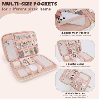 Electronics Organizer Travel Case, Charger Bag Cord Organizer Travel, Compact Tech Pouch Cable Organizer Bag for Charger, Cords, Phone, Headphones, Flash Drive, SD Card (Beige, Large-Single Layer)